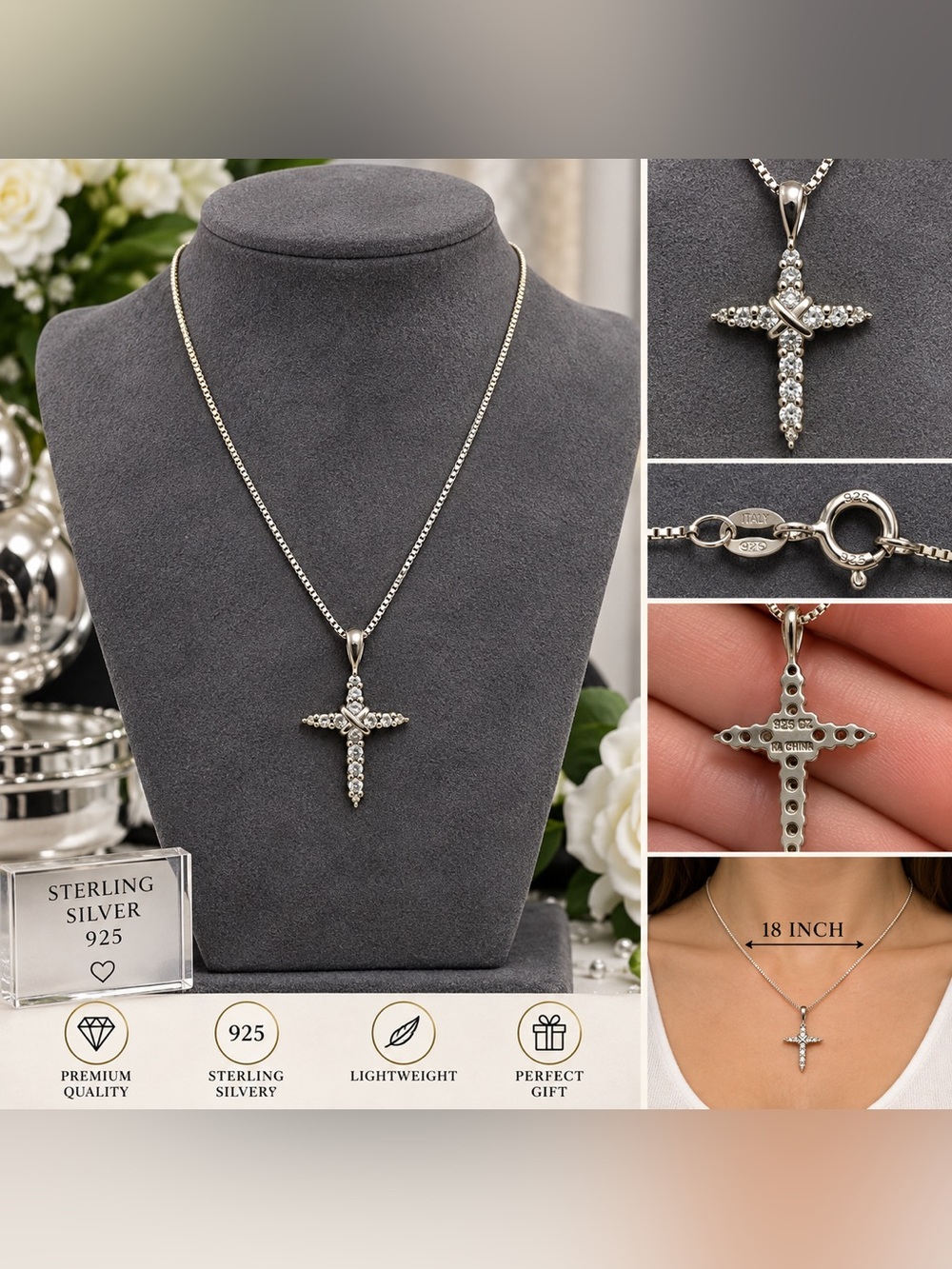 Sterling Silver Crystal Cross Necklace - Silver